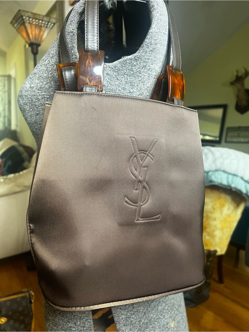 Yves Saint Laurent YSL Vintage Brown Satin Shoulder Tote Bag Vintage Tortoise - Picture 3 of 12